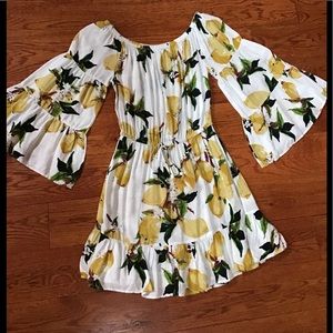 Blue Island Lemon Print Drawstring Off Shoulder Dress/ Cover-up Size XS